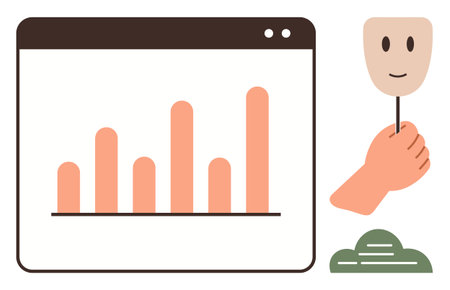Bar graph on computer screen and a hand holding a smiling face mask, representing data analysis, emotions, and insights. Ideal for marketing, psychology, strategy, technology, user experience humanのイラスト素材