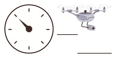 Analog clock pointing to 9 oclock and surveillance quadcopter with camera, conveying concepts of...