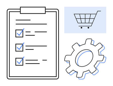 Checklist with marked tasks next to gear icon and shopping cart. Ideal for productivity, planning, organization, workflow, e-commerce, task automation, business strategy. Simple flat metaphorのイラスト素材