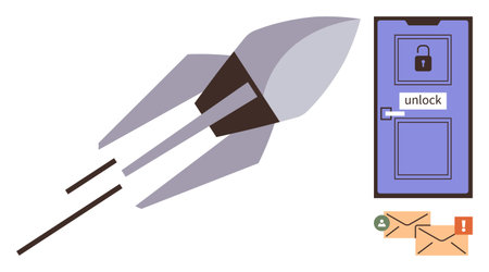 Rocket traveling toward secure door with locked mechanism, with envelopes highlighting...