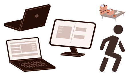 Open laptops, a monitor, a desk with documents and storage boxes, and a walking figure signify...