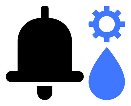 Bell for notification, gear for system settings, and water droplet in simple contrast. Ideal for alerts, customization, app design, management, automation efficiency minimalism. Simple flatのイラスト素材