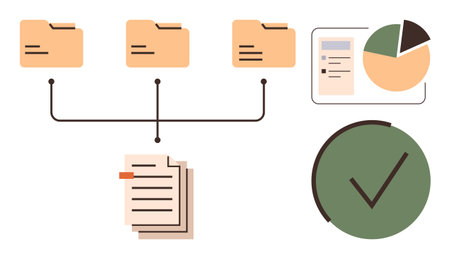 File folders linked to a document, charts showing statistics, and a checkmark representing success. Ideal for organization, management, productivity, analytics, task completion, recordkeepingのイラスト素材