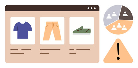 Online store layout displaying shirt, pants, shoes, beside a pie chart of user analytics and a...