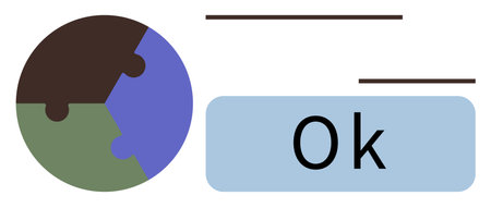 Puzzle-piece globe in earthy colors paired with a Ok button. Ideal for teamwork, unity, global collaboration, agreement, problem-solving, environmental awareness, communication. Simple flat metaphorのイラスト素材