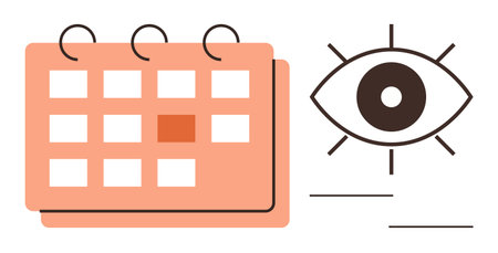 Spiral-bound calendar with highlighted day next to an eye, representing scheduling, focus, and time management. Ideal for planning, reminders, productivity, organization, goals focus simple flatのイラスト素材