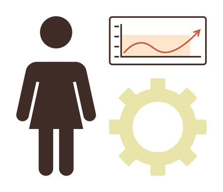 Female silhouette next to a rising graph and a gear. Ideal for empowerment, growth, productivity, business, innovation, gender equality, career development. Minimalist flat metaphorのイラスト素材