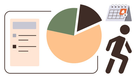 Pie chart, task checklist, calendar reminder, and walking figure representing data analysis,...