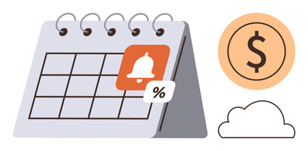 Desk calendar with reminder bell and percentage sign, dollar symbol, and cloud element. Ideal for planning, finance, saving, scheduling, alerts budgeting payment tracking. Simple flat metaphorのイラスト素材