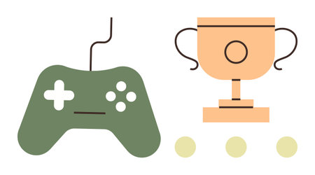 Green gaming controller beside a gold trophy and dots symbolize gaming, competition, victory, achievement, eSports, rewards, and hobbies. Ideal for gaming, success tech leisure skills simple flatのイラスト素材