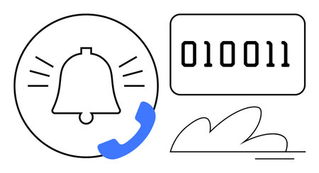 Bell with ringing lines and phone symbol, binary code block, and cloud element. Ideal for notifications, communication, technology, cloud computing, digital data IT alerts. Simple flat metaphorのイラスト素材