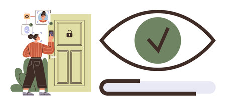 Woman interacts with smart doorbell featuring advanced facial recognition. Adjacent is a visual of an eye and check mark symbolizing validation. Ideal for home security, smart devices, AI technologyのイラスト素材