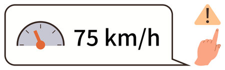 Analog speedometer, text displaying 75 kmh, triangular warning sign with exclamation, hand pointing at alert. Ideal for road safety, speed monitoring, driving, caution, car dashboard warningのイラスト素材