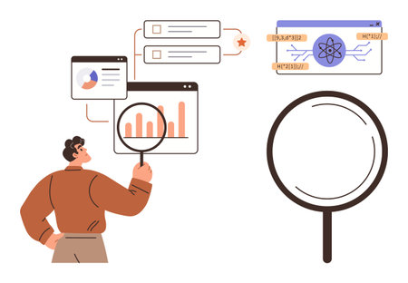 Man analyzing charts, graphs, and data with magnifying glass, focusing on research, analytics, growth, and decision-making. Ideal for data visualization, business strategy market researchのイラスト素材