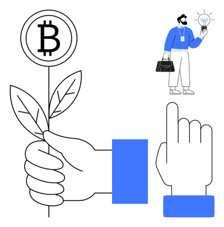 Hand grows Bitcoin plant, businessman holds lightbulb, abstract hand gesture. Ideal for finance, cryptocurrency, innovation, growth, investment strategy, digital economy simple flat metaphorのイラスト素材