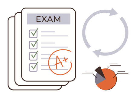 Exam sheet checklist marked with check marks and A grade, circular arrows symbolizing feedback loop, pie chart data analysis. Ideal for education, achievement, evaluation, planning, progressのイラスト素材
