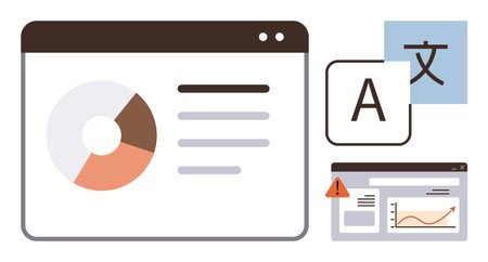 Pie chart and report on browser screens alongside a translation icon and alert mark. Ideal for data visualization, translation, analytics, reporting, communication, global projects, and softwareのイラスト素材