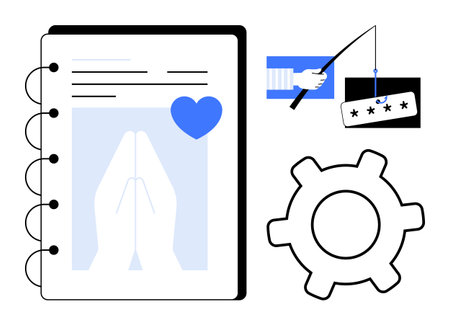 Open notebook with praying hands and heart, phishing hook targeting passwords, and gear icon. Ideal for cybersecurity, data protection, faith-tech synergy, personal safety, digital ethics, teamworkのイラスト素材