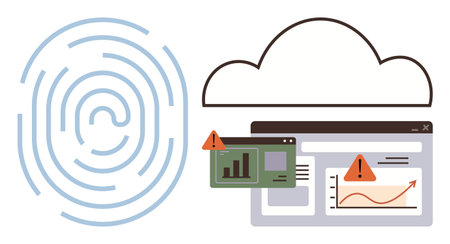 Digital fingerprint, cloud, graphs, and warning icons highlight cybersecurity, data protection, authentication risks, alerts, identifying threats. Ideal for privacy compliance online identityのイラスト素材
