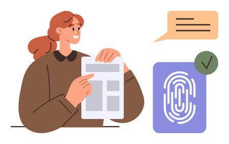 Smiling woman holding a document, speech bubble representing communication, fingerprint icon with checkmark. Ideal for security, identity, approval, digital communication, data sharing, teamworkのイラスト素材