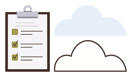 Task checklist on clipboard with completed items beside cloud design. Ideal for workflow, productivity, cloud storage, technology, task management, planning, organization. Simple flat metaphorのイラスト素材