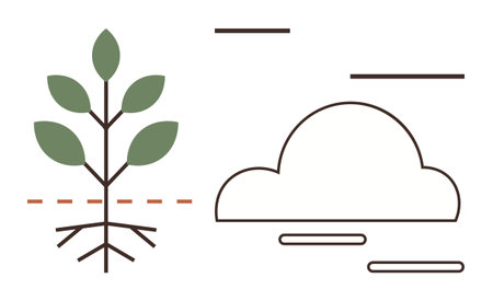 Plant with roots and leaves alongside a cloud, suggesting environmental harmony. Ideal for sustainability, nature, growth, eco-friendly practices, agriculture, climate awareness, renewable energyのイラスト素材