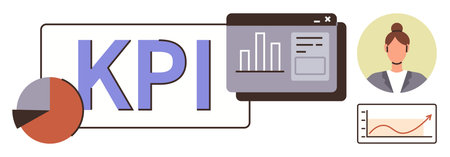 KPI text with pie chart, dashboard window, avatar, and growth graph for tracking performance metrics. Ideal for analytics, business, performance, data visualization, management goal setting simpleのイラスト素材