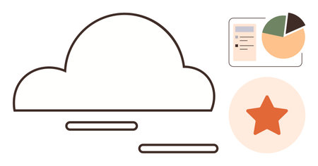 Cloud outline with a progress report, pie chart, and star reflecting analytics, achievement, and technology. Ideal for cloud computing, business data, analytics systems, online services successのイラスト素材