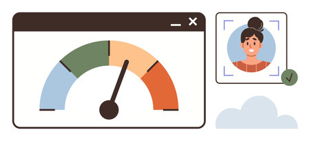 Colorful performance gauge inside browser window, user avatar with facial recognition frame and checkmark. Ideal for analytics, approval, profile verification, security, performance, ratingsのイラスト素材