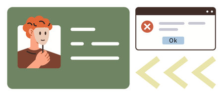 Persons profile card alongside error message window with OK button and navigation arrows. Ideal for...