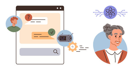 Chat interface with messages, bot reply indicator, user avatars, gears, and atom icon for AI. Ideal for technology, communication, AI, innovation learning assistance and research in simple flatのイラスト素材