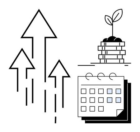Upward arrows symbolize progress, plant on stacked coins reflects financial growth, and calendar represents strategic planning. Ideal for finance, investment, growth, planning, success, strategyのイラスト素材