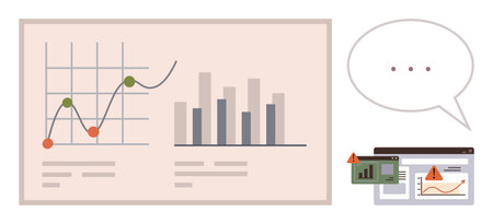 Graphs and bar charts representing analytics, alert popups on screens, and dialogue bubble for communication. Ideal for business, analysis, finance, data visualization, teamwork, error alertsのイラスト素材