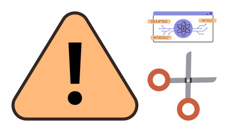 Warning triangle emphasizes caution, paired with scientific diagram and scissors representing...