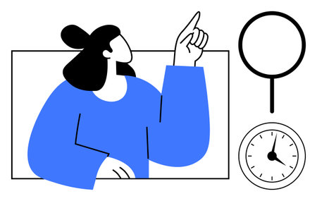 Female figure pointing upward, accompanied by a magnifying glass and a clock. Ideal for productivity, decision-making, analysis, time management, goal setting, achieving focus, simple flat metaphorのイラスト素材
