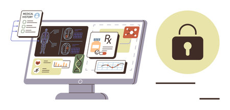 Computer screen with medical data, patient history, DNA visuals, graphs, and prescriptions paired with a security padlock. Ideal for healthcare, cybersecurity, technology, data safety privacyのイラスト素材