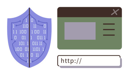 Shield with binary code next to a browser window and URL bar highlighting cybersecurity, data protection, and safe browsing. Ideal for IT, online safety, privacy, web design, hacking preventionのイラスト素材