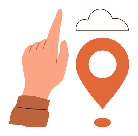 Hand pointing up at stylized cloud above a location pin. Ideal for navigation, travel, connection, technology, cloud computing, data access, communication. Versatile and simple flat metaphorのイラスト素材
