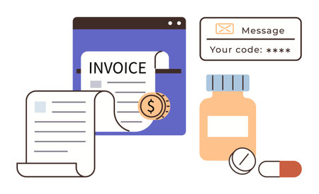 Digital invoice and dollar coin overlap paper document, medical bottle, pills, and security code notification. Ideal for healthcare, billing, payments, e-commerce, prescriptions financial systemsのイラスト素材