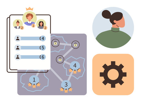 User rankings, network with locked and unlocked nodes, profile icon, and gear symbol. Ideal for teamwork, data analysis, leadership, strategy decision-making workflow. Simple flat metaphorのイラスト素材