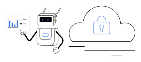 Robot holding a data chart beside a secure cloud with a padlock, symbolizing AI and data protection. Ideal for tech security, AI analytics, cloud computing, innovation, automation, data storageのイラスト素材