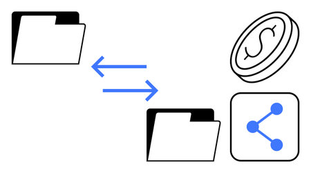 Two folders connected by arrows, a currency coin, and a sharing icon. Ideal for file transfer, digital transactions, data exchange, collaboration, fintech, networking simple landing pageのイラスト素材