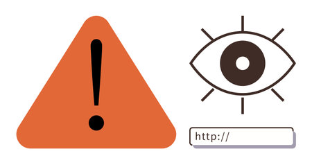 Orange triangle with exclamation mark, eye icon, and web address bar conveying internet safety, hazard, data protection, warning, surveillance, cybercrime prevention. Ideal for alerts internetのイラスト素材