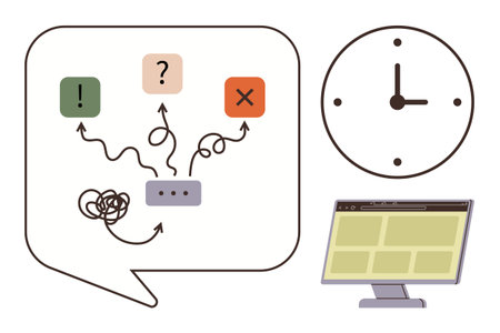 Decision-making process with tangled paths, exclamation, question, and cross marks, a clock, and a web browser. Ideal for brainstorming, time management, confusion decisions digital tools projectのイラスト素材