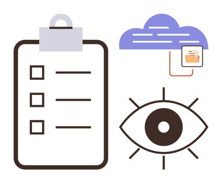 Clipboard with checklist, cloud storage connecting data files, and eye symbol for monitoring. Ideal for productivity, organization, cloud technology, data security, task management, goal trackingのイラスト素材