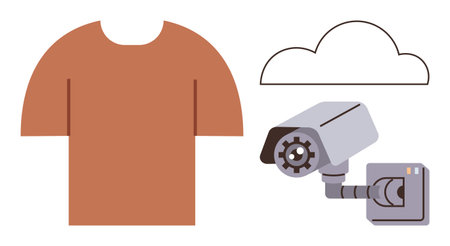 T-shirt alongside a security camera and a cloud. Ideal for smart clothing, surveillance, IoT, data protection, innovation, future technology, data storage visuals. A simple flat metaphorのイラスト素材