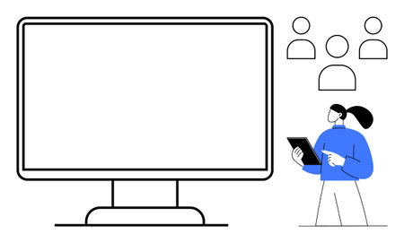 Large blank desktop screen, businesswoman holding a tablet, and audience icons symbolizing digital interaction. Ideal for presentations, education, teamwork, online training, webinars, collaborationのイラスト素材
