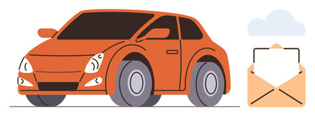 Orange car parked beside an open envelope and cloud motif representing delivery services, digital messaging, data sharing, mobility, transportation innovation, cloud storage, and e-commerce. Cleanのイラスト素材