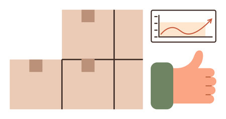 Stacked cardboard boxes, upward trending graph, and a thumbs-up gesture highlight supply chain success. Ideal for logistics, shipping, business growth, inventory, e-commerce, team goals simple flatのイラスト素材