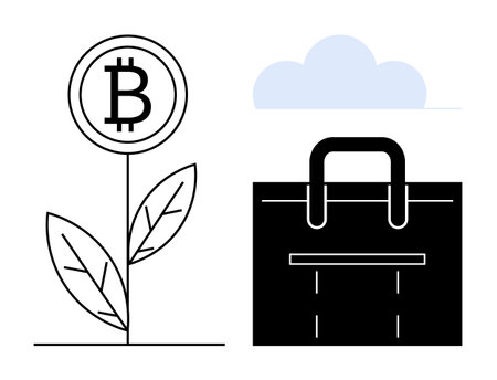 Bitcoin plant symbolizing financial growth, paired with a business briefcase and a cloud. Ideal for investment, growth, innovation, cryptocurrency, finance, economy, digital business simple flatのイラスト素材